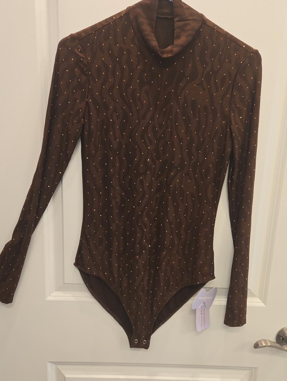 Women’s Brown Long-Sleeve Turtleneck Bodysuit with Metallic Dot Detail